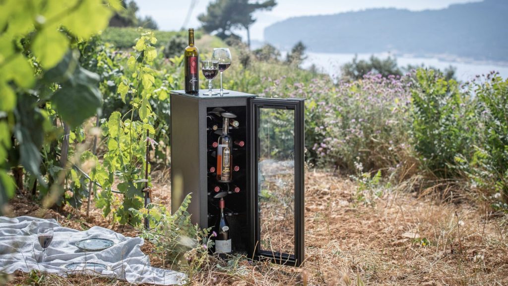 מקרר יין EuroCave Tête à Tête מוצב בטבע בין גפנים, עם נוף לים, בקבוק יין וכוס מוכנים לטעימה באווירה ייחודית.