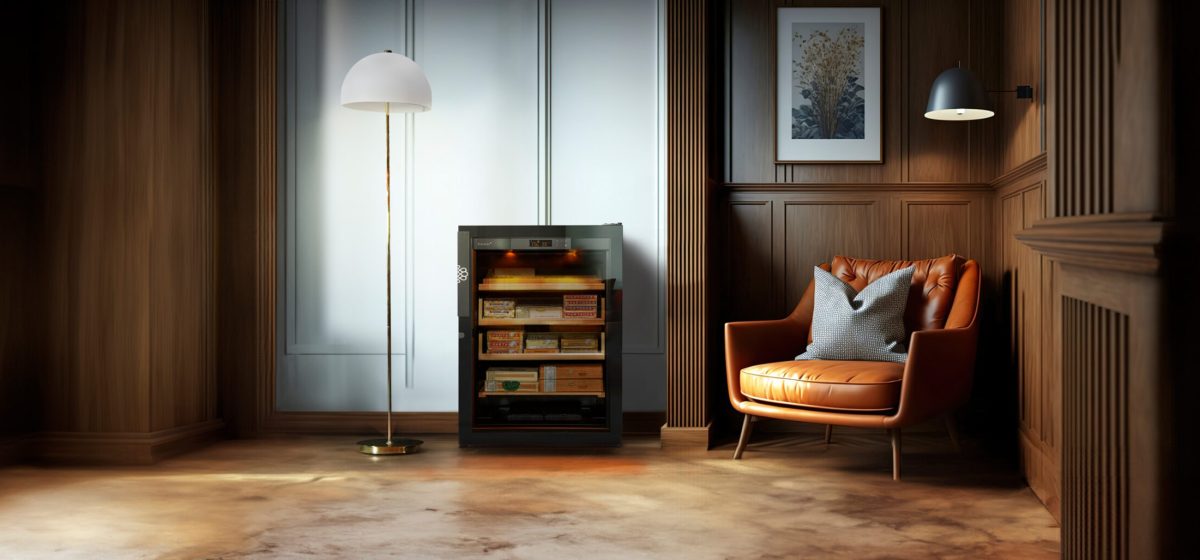 פינת עישון יוקרתית עם ארון סיגרים EuroCave Humidor, משולב עם דלת זכוכית מלאה ועיצוב אלגנטי הכולל כורסה נוחה וגופי תאורה חמים.