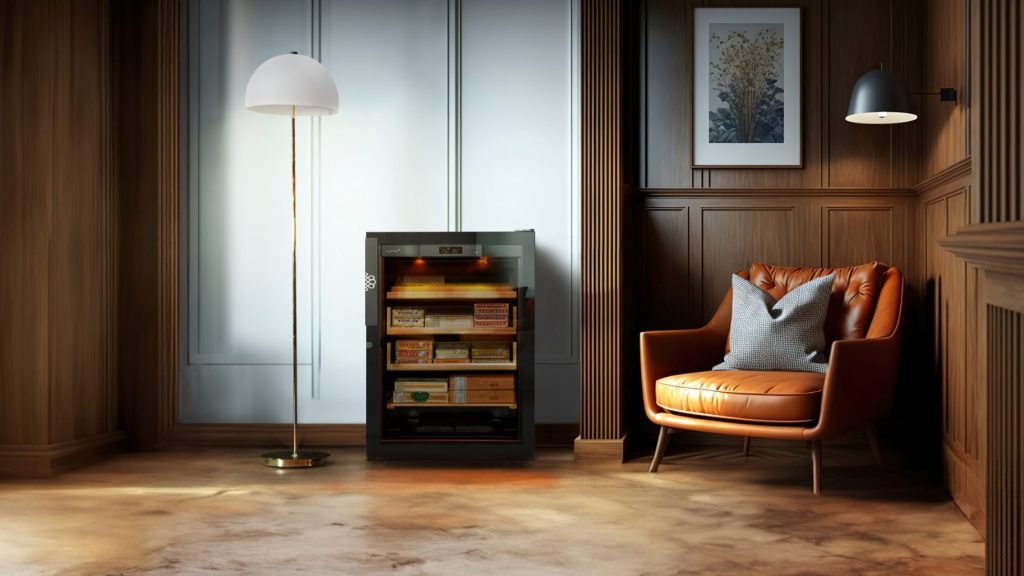 פינת עישון יוקרתית עם ארון סיגרים EuroCave Humidor, משולב עם דלת זכוכית מלאה ועיצוב אלגנטי הכולל כורסה נוחה וגופי תאורה חמים.